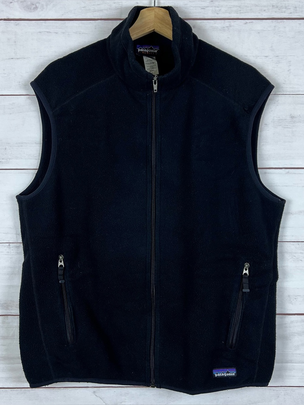 Patagonia Synchilla Vest Mens Large Black Fleece Full Zip Logo Zip Pockets